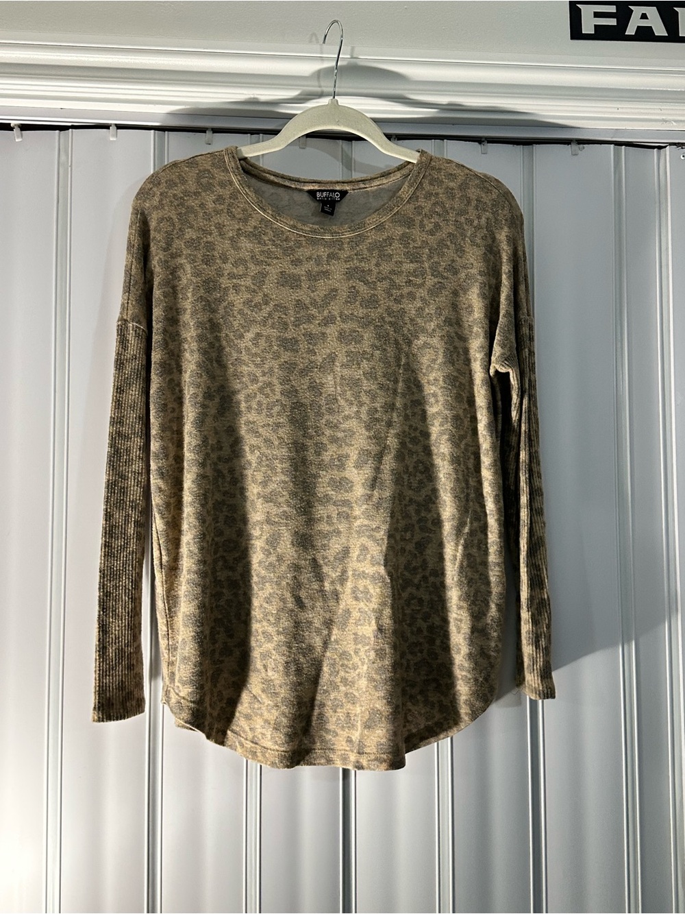 Buffalo David Bitton Taupe Leopard-Print Long Sleeve Top
